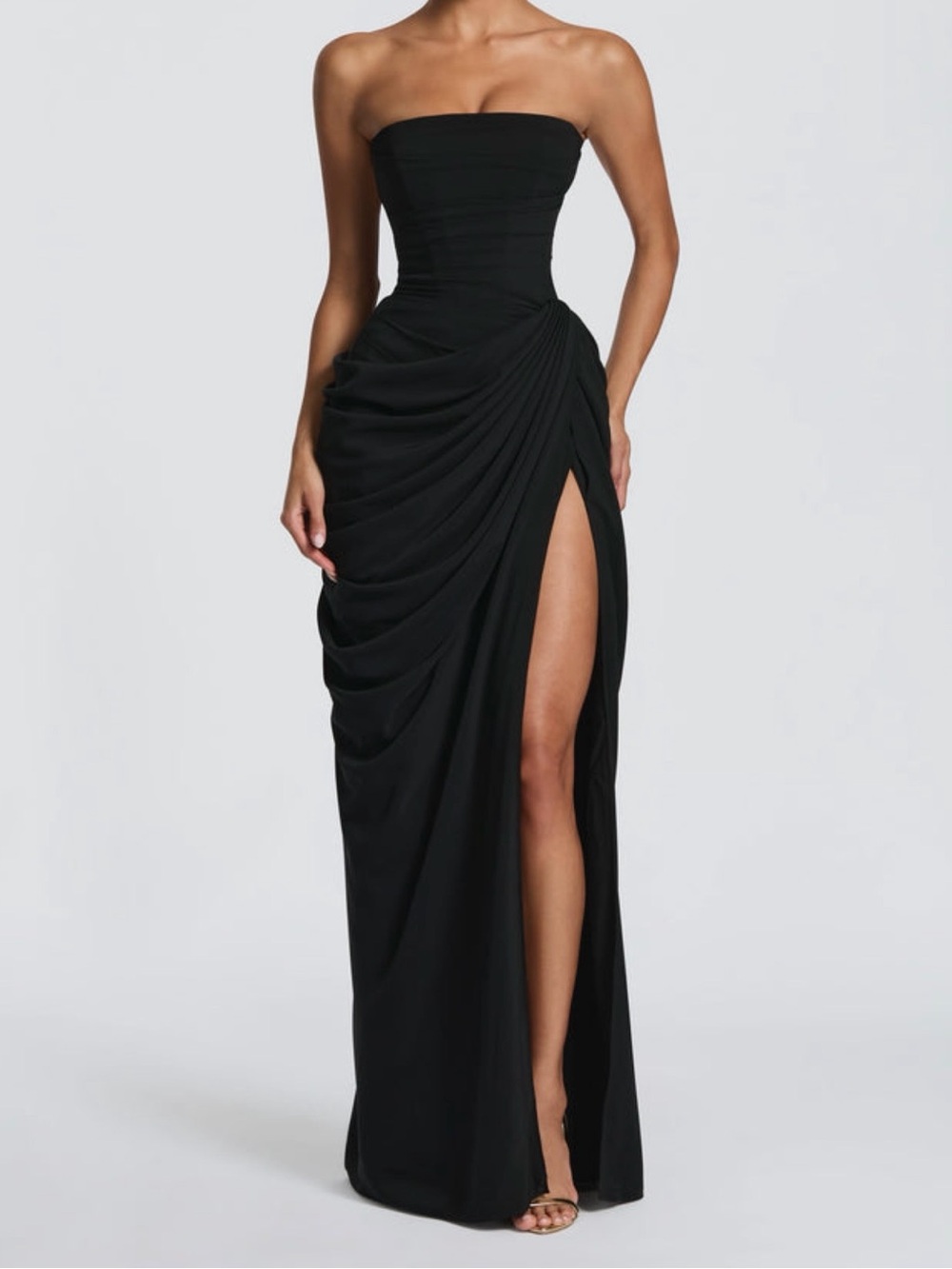 Strapless Black Ruched Evening Gown with Side Slit
